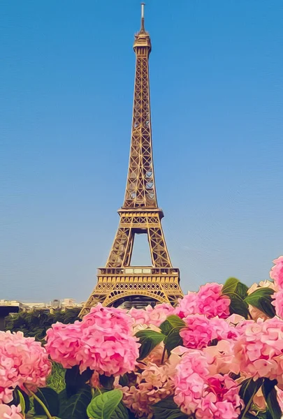 Buisson Fleurs Hortensia Rose Avec Tour Eiffel Comme Toile Fond — Photo