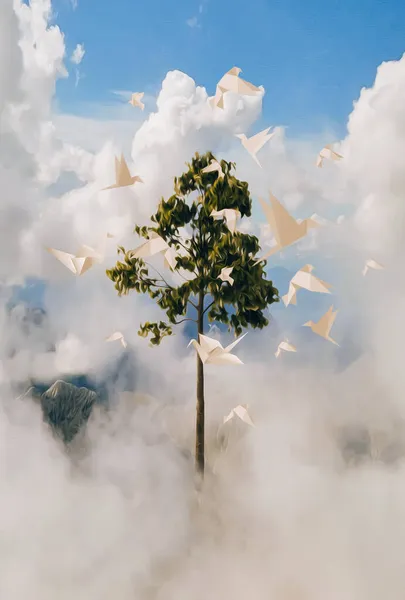 Árbol Creciendo Las Nubes Rodeado Pájaros Papel Ilustración Imitación Pintura — Foto de Stock