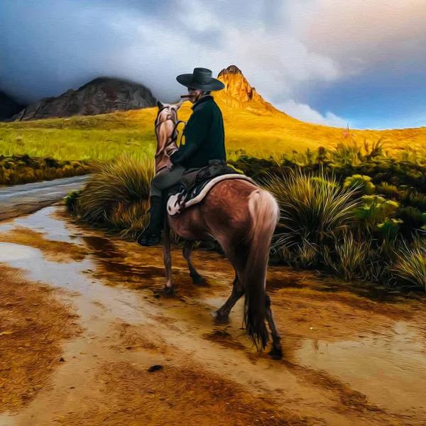 Uomo Cavallo Nel Deserto Del Texas Illustrazione Imitazione Della Pittura — Foto Stock