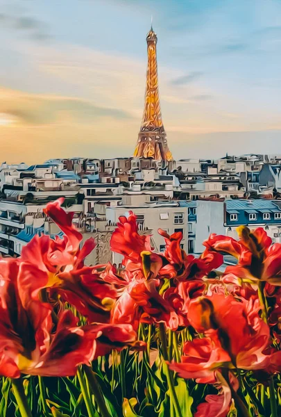 Vörös Tulipánok Eiffel Torony Hátterében Illusztráció Olajfestmény Utánzása — Stock Fotó