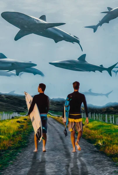 Szörfösök Cápák Művészet Illusztráció Olajfestmény Utánzása — Stock Fotó