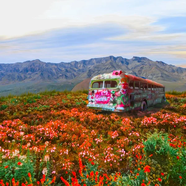 Stary Pomalowany Graffiti Autobus Łące Kwiatów Ilustracja Imitacja Malarstwa Olejnego — Zdjęcie stockowe