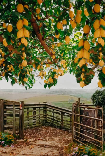 Лимонні Гілки Над Дерев Яним Парканом Селі Ілюстрація Імітація Олійного — стокове фото