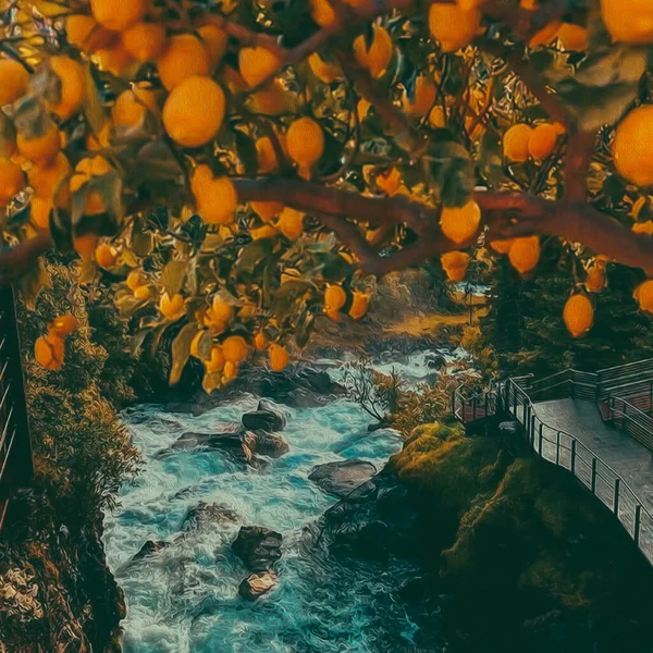 Orange Tree Mountain River Illustration Imitation Oil Painting — Zdjęcie stockowe