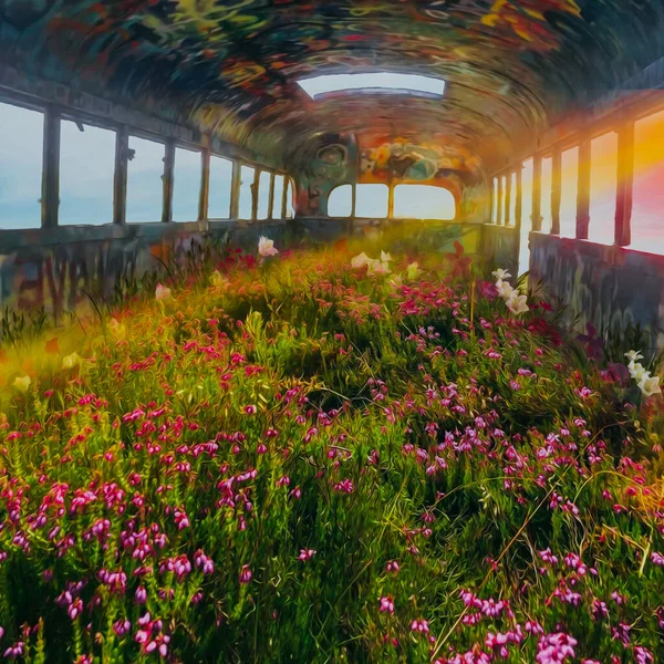 Wildflowers Old Abandoned Bus Illustration Imitation Oil Painting — Stock Fotó