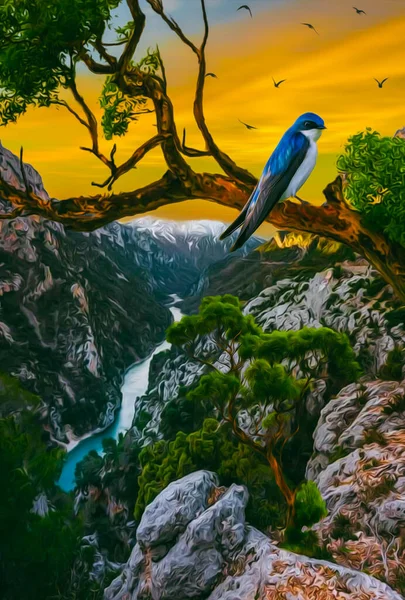 Eine Schwalbe Auf Einem Ast Einer Bergigen Landschaft Illustration Nachahmung — Stockfoto