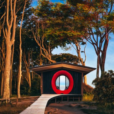 Denize bakan ahşap bir çardak. Üç boyutlu illüstrasyon. Yağlı boya resmin taklidi.