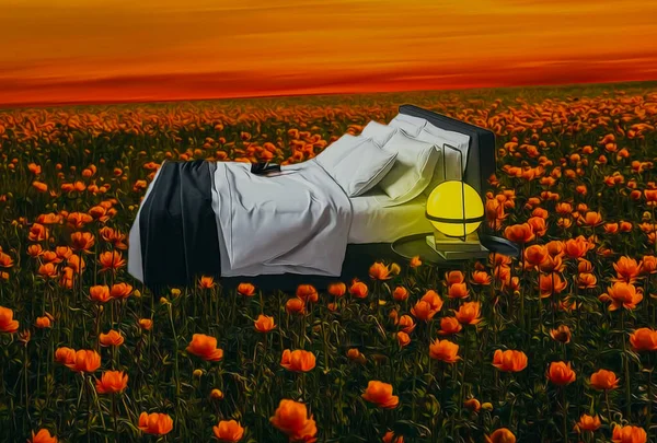 Egy Ágy Éjjeliszekrénnyel Egy Lámpa Virágzó Trollius Mezején Illusztráció Olajfestmény — Stock Fotó