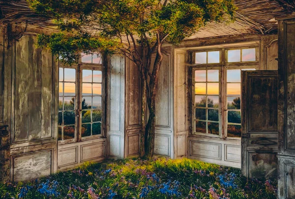 Drzewo Kwiaty Rosnące Opuszczonym Domu Ilustracja Imitacja Malarstwa Olejnego — Zdjęcie stockowe
