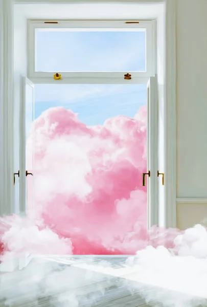 Ροζ Σύννεφα Στο Ανοιχτό Παράθυρο Απεικόνιση Απομίμηση Ελαιογραφίας — Φωτογραφία Αρχείου