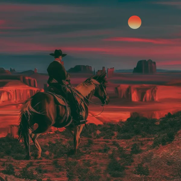 Cowboy Bakgrunden Solnedgång Texas Illustration Imitation Oljemålning — Stockfoto