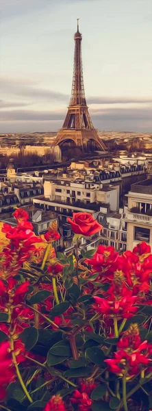 Erkély Virágok Háttérben Párizs Illusztráció Olajfestmény Utánzása — Stock Fotó