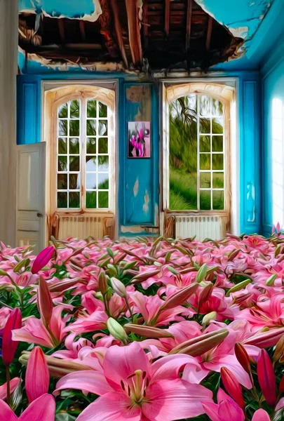 Ροζ Κρίνα Φυτρώνουν Ένα Εγκαταλελειμμένο Σπίτι Απεικόνιση Απομίμηση Ελαιογραφίας Εικόνα Αρχείου