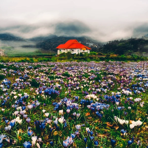 Ein Haus Auf Einer Bergwiese Mit Blühenden Krokussen Illustration Nachahmung — Stockfoto