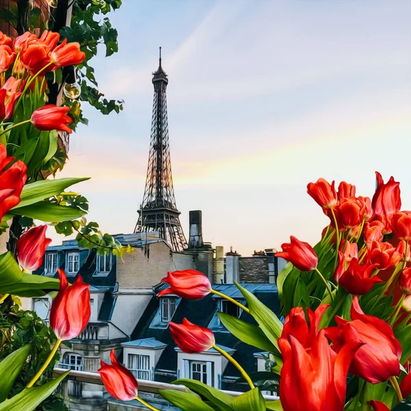 Vörös Tulipán Párizs Hátterében Illusztráció Olajfestmény Utánzása — Stock Fotó
