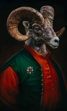 Bir Mouflon Screwjack portresi. Üç boyutlu illüstrasyon. Yağlı boya resmin taklidi.