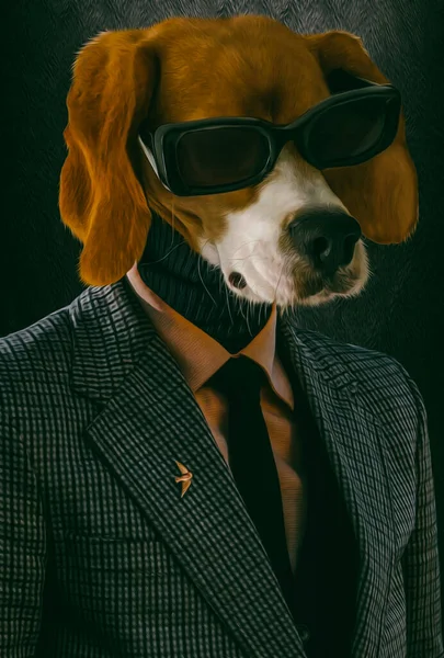 Beagle Jacka Och Glasögon Illustration Imitation Oljemålning — Stockfoto