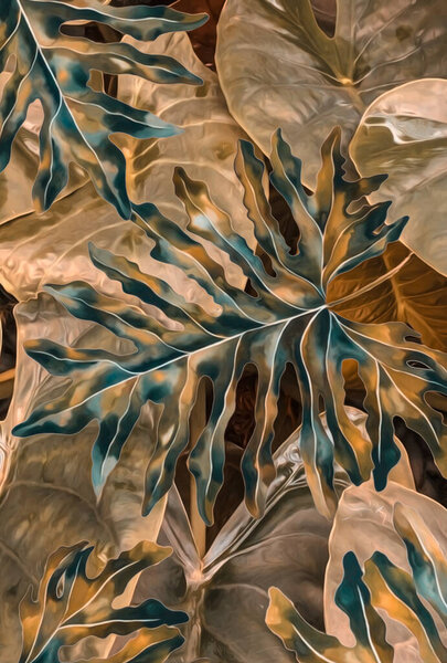 Golden Leaves Monster Hosta Illustration Imitation Oil Painting Royalty Free Stock Images