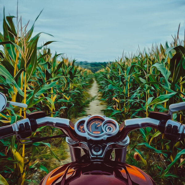Motorcycle Road Cornfield Illustration Imitation Oil Painting Royalty Free Stock Images