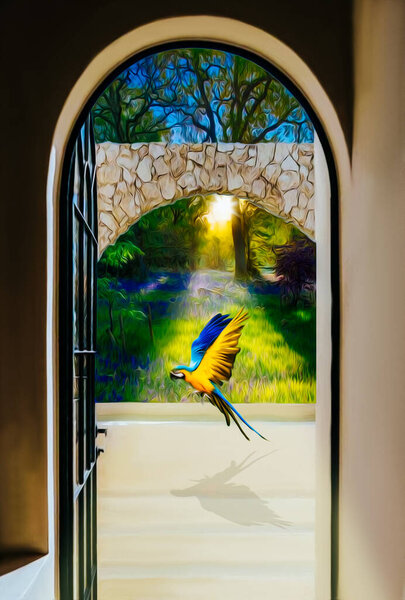 Parrot Flying Blooming Garden Open Door House Illustration Imitation Oil Stock Image
