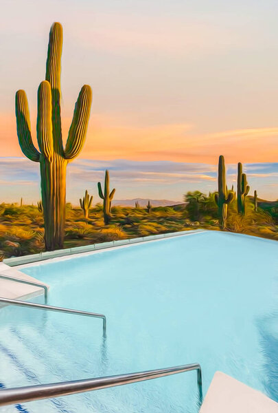 Pool Texas Desert Cacti Illustration Imitation Oil Painting Stock Image