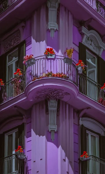 Lilac facade of an old house with balconies. 3D illustration. Imitation of oil painting.