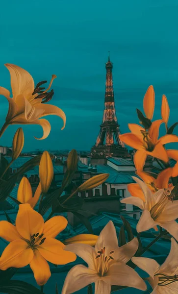 Lilies in bloom against the background of evening Paris. 3D illustration. Imitation of oil painting.