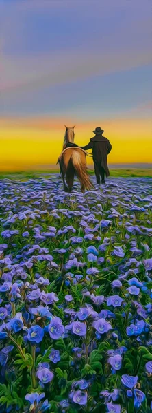Egy Utazó Egy Lóval Aki Virágok Mezején Sétál Illusztráció Olajfestmény — Stock Fotó