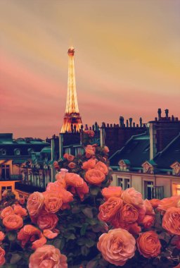 Balcony flowers against the background of evening Paris. 3D illustration. Imitation of oil painting.