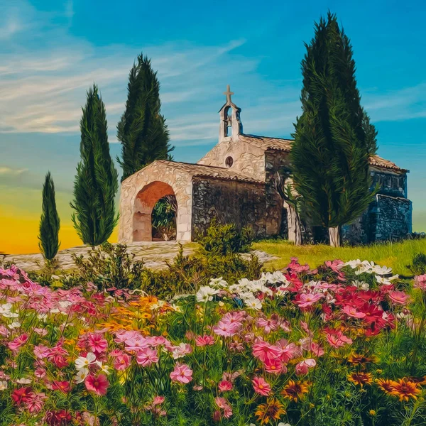 An old church in a flower meadow in Tuscany. 3D illustration. Imitation of oil painting.