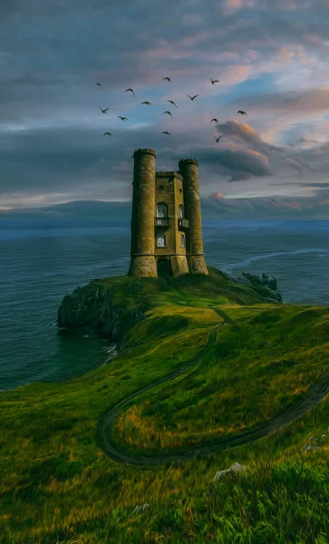 Fantasy Illustration Lighthouse Background Clouds Illustration Imitation Oil Painting — Stock Fotó