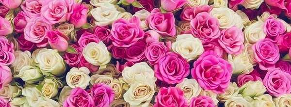 Cream Pink Roses Bouquet Illustration Imitation Oil Painting — Stock Photo, Image