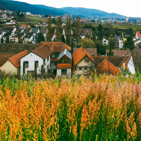 Blooming Meadow Grass Backdrop Old City Europe Illustration Imitation Oil 免版税图库图片