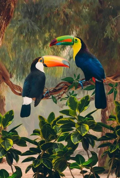 Two African Toucans Branch Illustration Imitation Oil Painting Stockafbeelding
