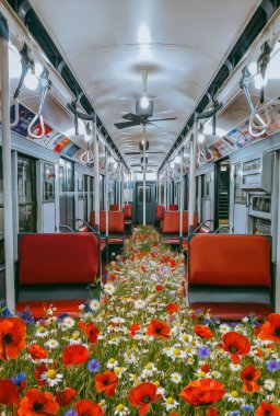 Blooming meadow with wildflowers in the subway car. 3D illustration. Imitation of oil painting.