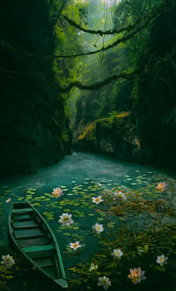 Зелений Човен Озері Ліліями Ущелині Ілюстрація Імітація Олійного Живопису — стокове фото