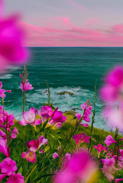 Pink Freesia Blooming Hill Sea Illustration Imitation Oil Painting Stockafbeelding