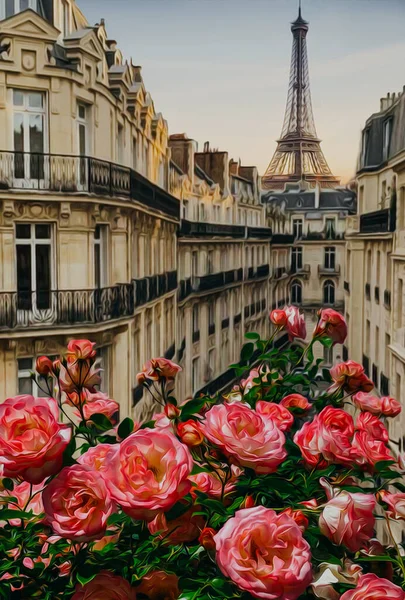 Pink roses on the streets of Paris. 3D illustration. Imitation of oil painting.