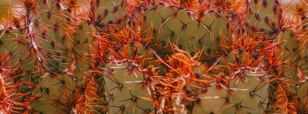 Orange needles of Mexican cactus. 3D illustration. Imitation of oil painting.