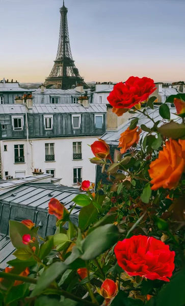 Orange roses on the background of Paris. 3D illustration. Imitation of oil painting.