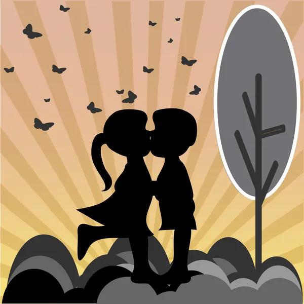 Bir kız ve bir erkek öpüşme, silüetler arka plan bir gün batımı — Stok Vektör