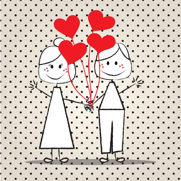 Pareja sonriente con globos rojos . — Vector de stock