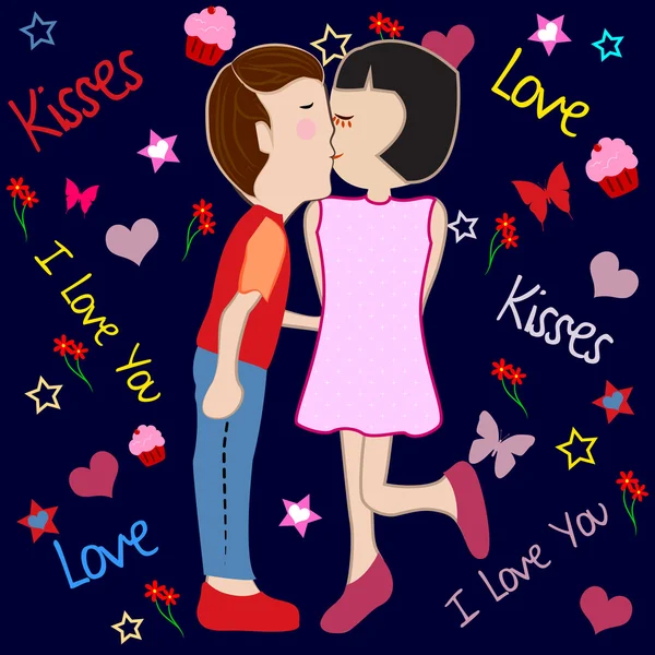 Kissing couple, woman in pink dress, dark blue background. — Stock Vector