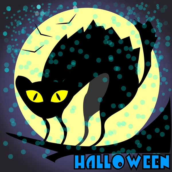 Zwarte kat op halloween nacht — Stockvector