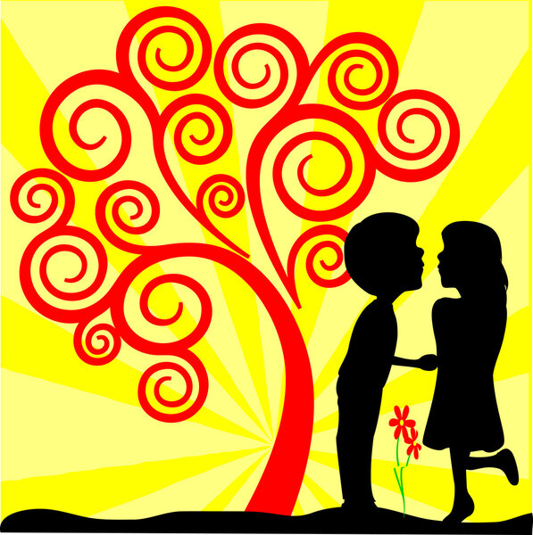 Silhouettes of two children aproximandose a kiss under a tree