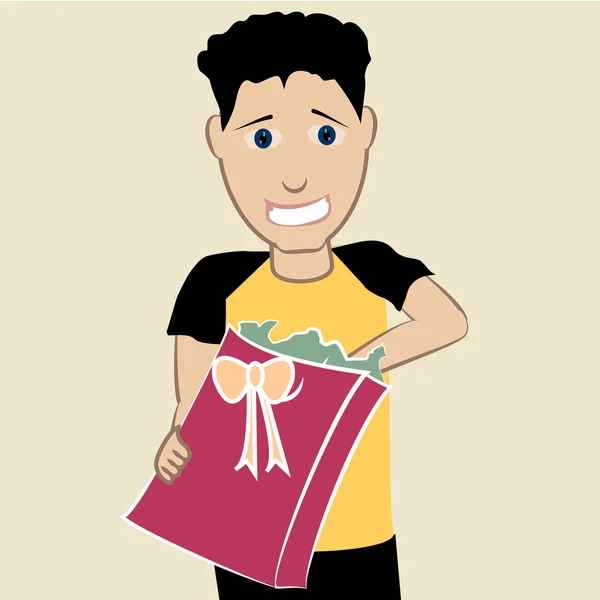 Smiling young boy opens a gift bag — Stock Vector