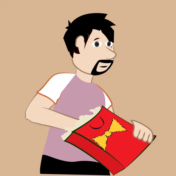 Jeune homme découvrant votre cadeau emballé dans un sac — Image vectorielle