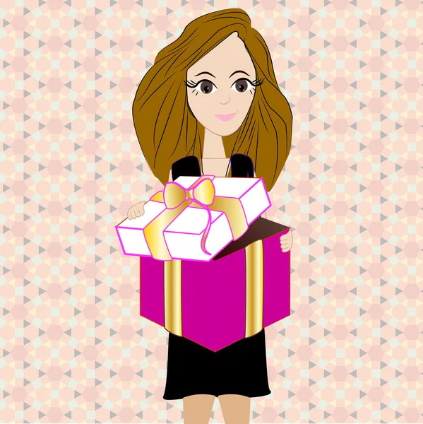 Mujer sonriente sosteniendo una caja de regalo — Vector de stock