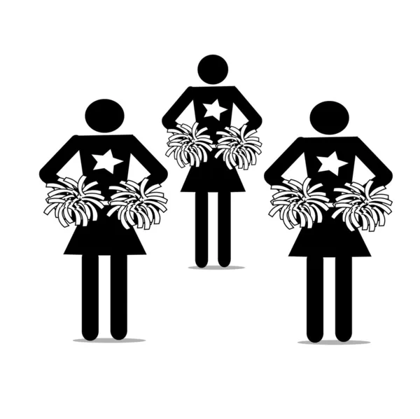 Forme des pom-pom girls avec leurs pompons et jupes uniformes, chemise avec des étoiles sur fond blanc — Image vectorielle