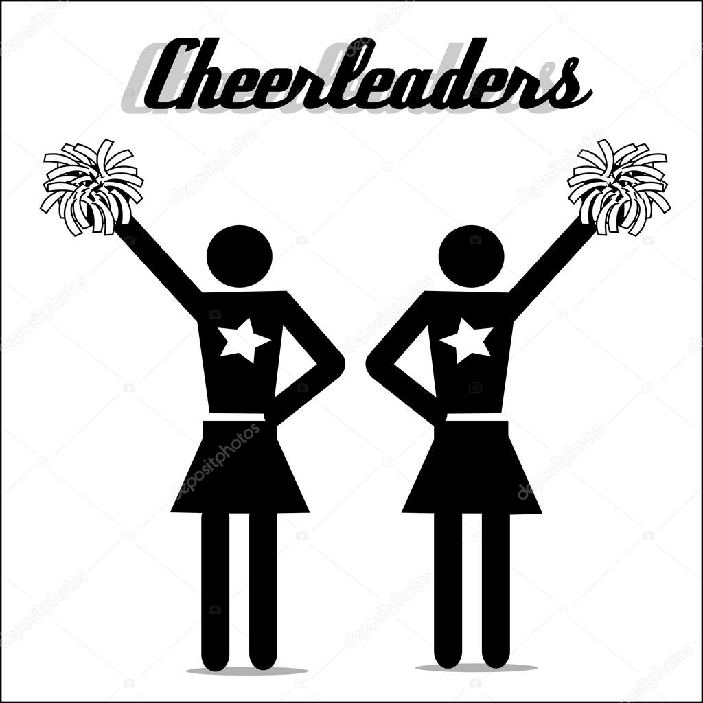 Two cheerleaders with stars on their uniforms and pom poms in white rimmed black